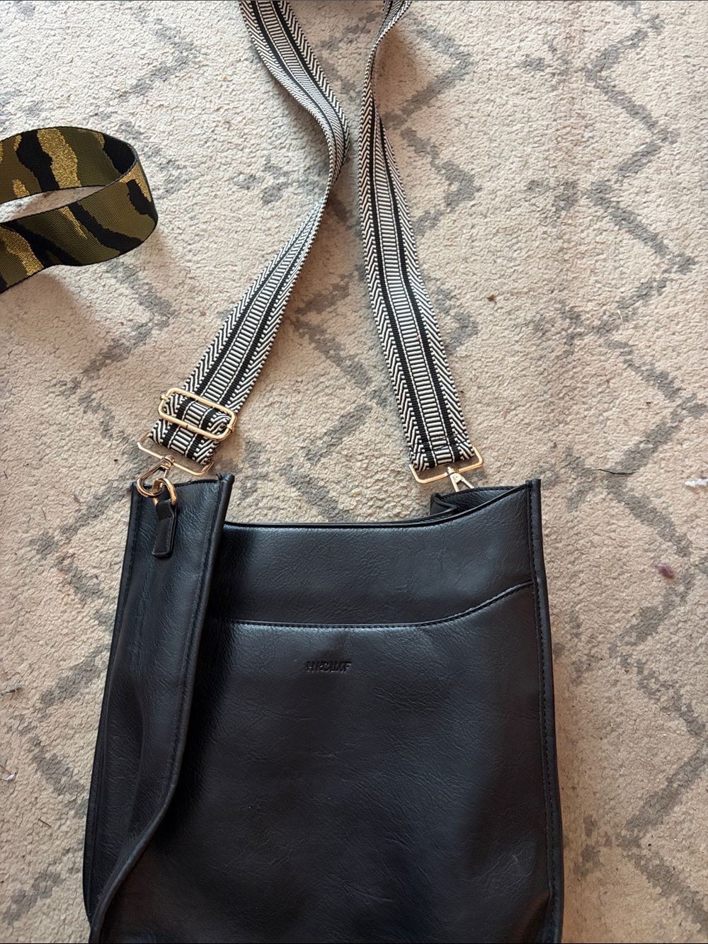 Women's Black Crossbody Bag with Patterned Adjustable Strap